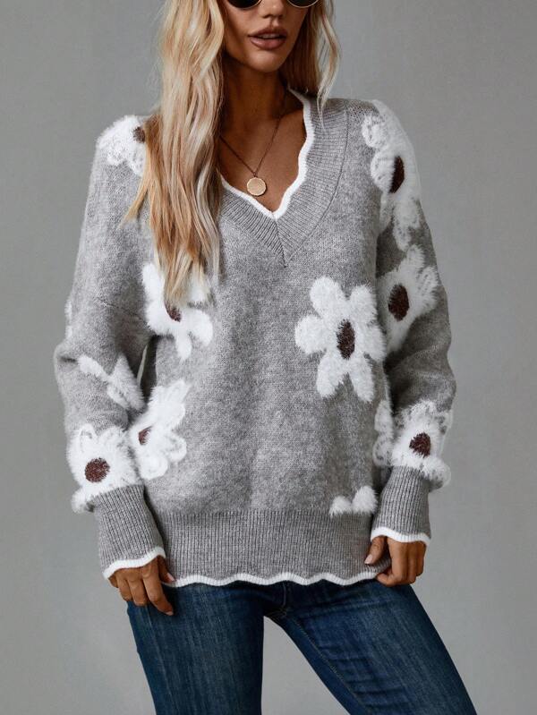 Thea| Elegant V-Neck Floral Sweater