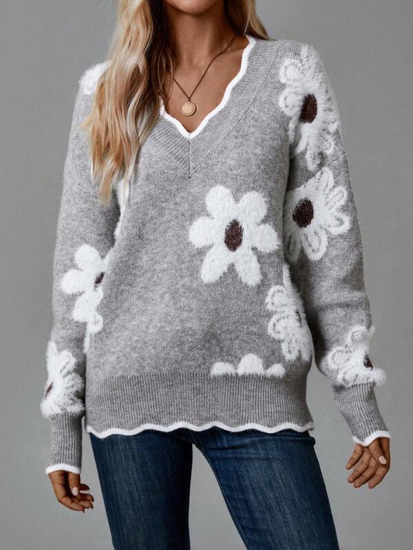 Thea| Elegant V-Neck Floral Sweater