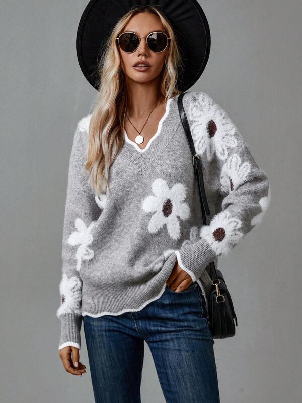 Thea| Elegant V-Neck Floral Sweater