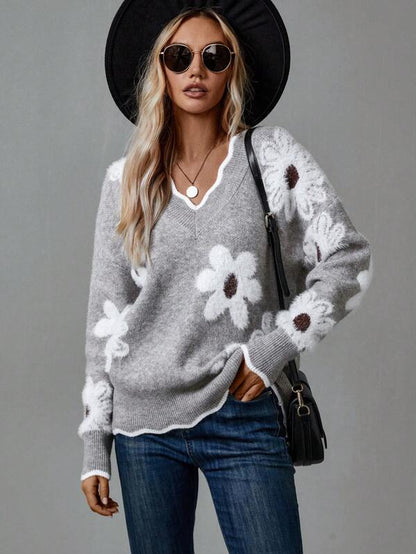 Thea| Elegant V-Neck Floral Sweater