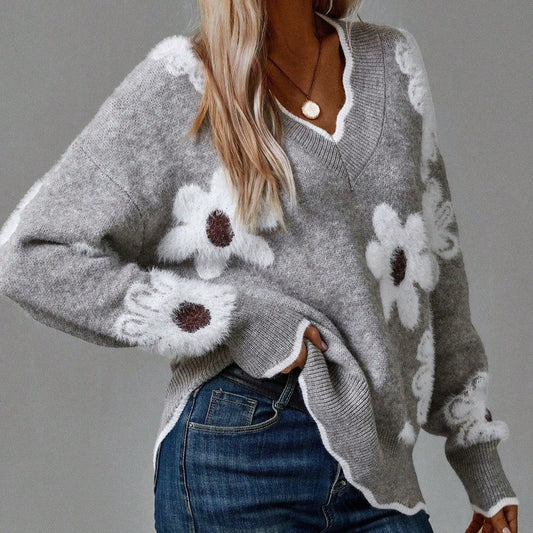 Thea| Elegant V-Neck Floral Sweater