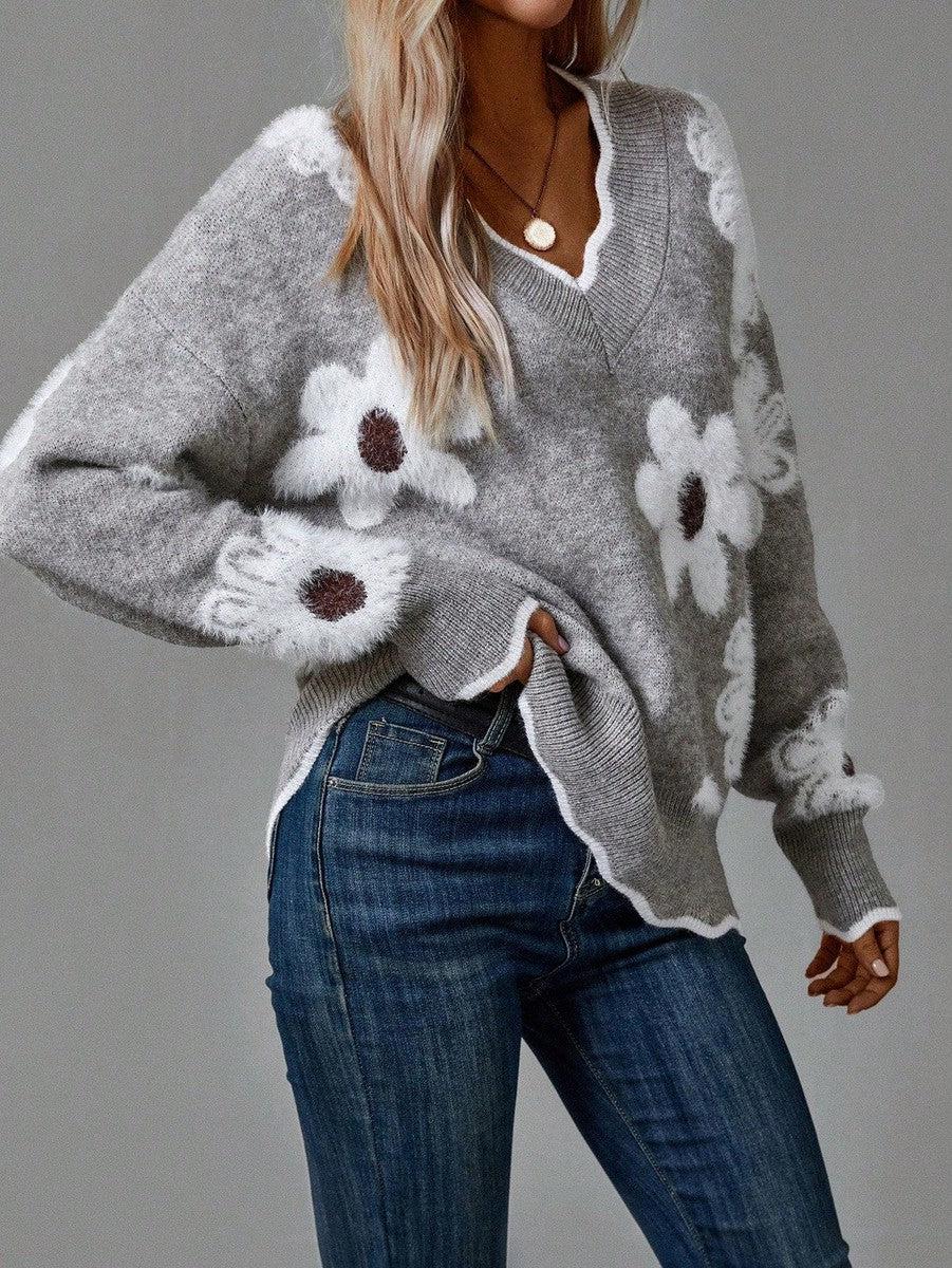 Thea| Elegant V-Neck Floral Sweater